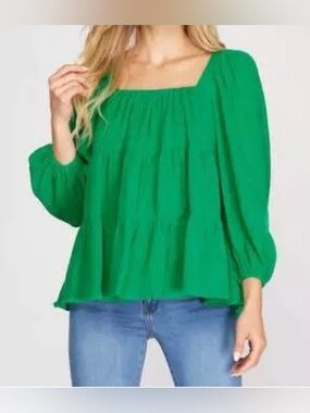 Square-Neck Green Peasant Tunic Top